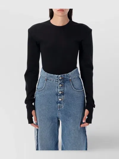 Mm6 Maison Margiela Long Sleeve Crew Neck Fitted Top In Black