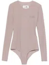 Mm6 Maison Margiela Mm6 By Maison Margiela Long-sleeved Bodysuit In Taupe Grey With Signature Motif In Pink