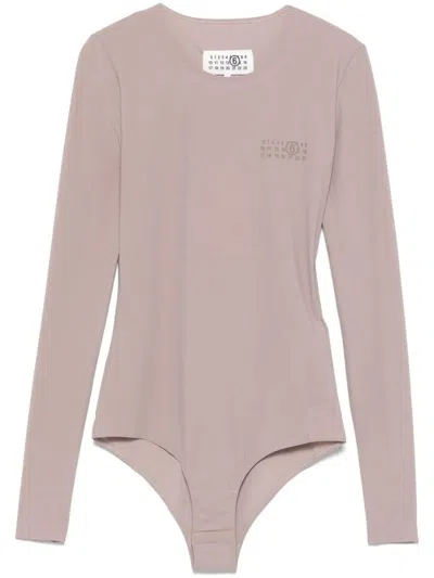 MM6 MAISON MARGIELA LONG-SLEEVED BODYSUIT IN TAUPE GREY WITH SIGNATURE MOTIF