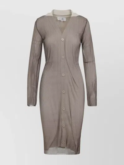 Mm6 Maison Margiela Knee-length Asymmetric Hem Cardigan With Ribbed Texture In Brown