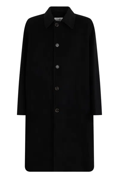 Mm6 Maison Margiela Long Wool Coat With Button-front And Classic Collar In Black