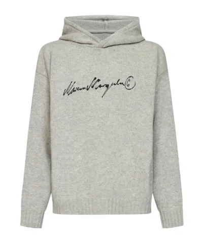 Mm6 Maison Margiela Melange Grey Wool Blend Knit Hoodie With Signature In Gray