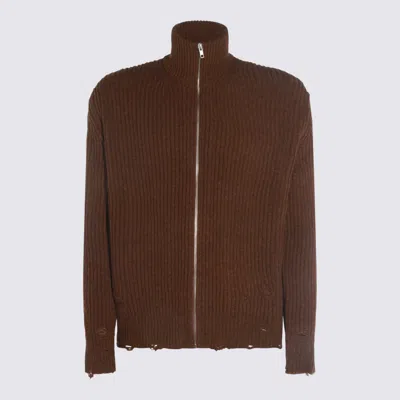 Mm6 Maison Margiela High Neck Ribbed Crewneck Sweater With Distressed Elbow Patches In Brown