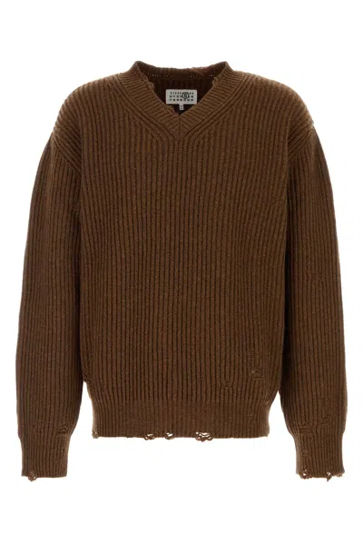 Mm6 Maison Margiela Distressed V Neck Ribbed Wool Blend Sweater In Brown