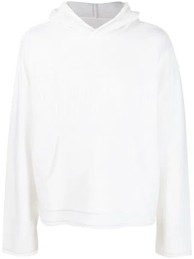 Mm6 Maison Margiela Men's Virgin Wool Knit Hoodie With Intarsia Logo Design In White