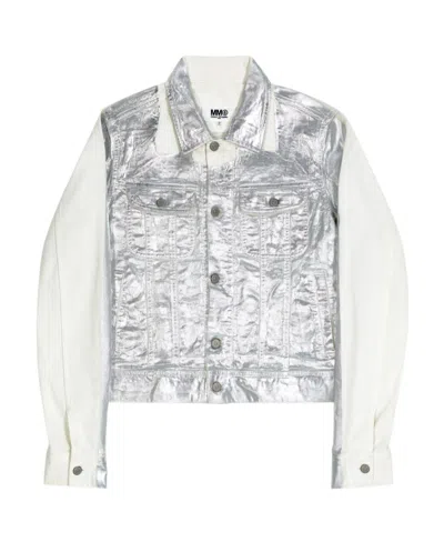 Mm6 Maison Margiela Metallic Denim Jacket In White