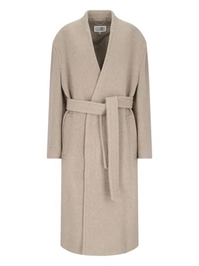 Mm6 Maison Margiela Midi Coat With Belt - Beige