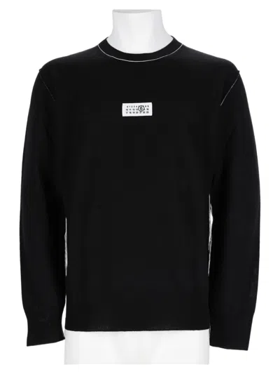 Mm6 Maison Margiela Minimalist Black Knitted Sweater With Unique Patch Detail