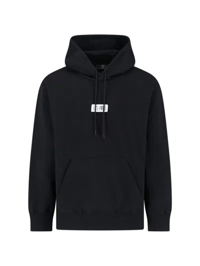 Mm6 Maison Margiela Mm6 By Maison Margiela Emblazoned Black Hoodie With Drawstring And Ribbed Finishes