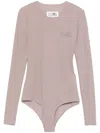 Mm6 Maison Margiela Mm6 By Maison Margiela Long-sleeved Bodysuit In Taupe Grey With Signature Motif In Pink