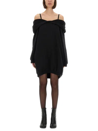 Mm6 Maison Margiela Mm6 By Maison Margiela Off-shoulder Black Sweatshirt Dress With Cozy Hood