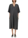 Mm6 Maison Margiela V-neckline Midi Dress Asymmetric Seam In Gray