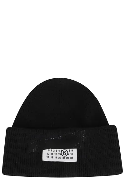 Mm6 Maison Margiela Mm6 By Maison Margiela Ribbed Beanie With Front Logo Detail In Black