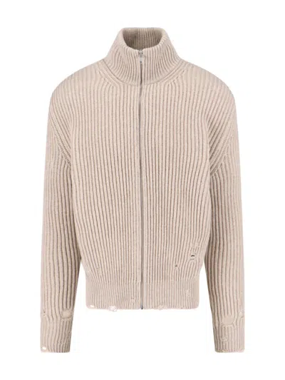 Mm6 Maison Margiela Mm6 By Maison Margiela Ribbed High-neck Knit Sweater With Distressed Details In Neutral