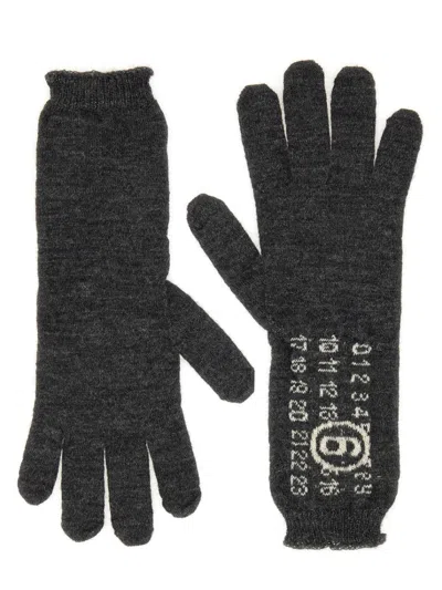 Mm6 Maison Margiela Mm6 By Maison Margiela Textured Grey Wool Gloves With Graphic Design In Black