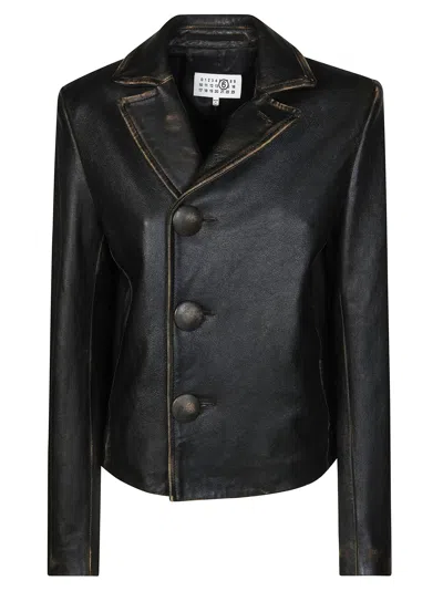 Mm6 Maison Margiela Black Cropped Sportsjacket Distressed Leather Jacket