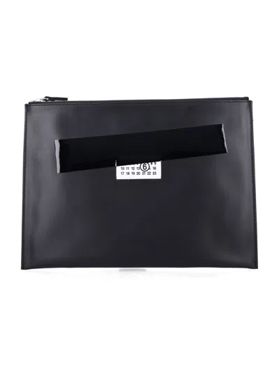 Mm6 Maison Margiela Black Leather Pouch With Logo And Tape Detail
