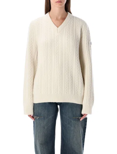Mm6 Maison Margiela Wool-blend Cable Knit V-neck Sweater In Neutral