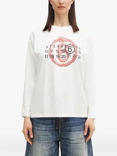 Mm6 Maison Margiela Numbers-motid Long-sleeved T-shirt In White