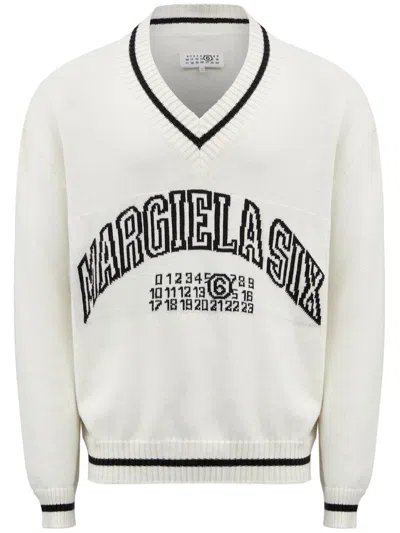 Mm6 Maison Margiela Cotton And Wool Sweater With V-neck In White