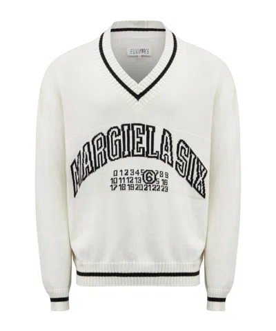 Mm6 Maison Margiela Cotton And Wool Sweater With V-neck In White