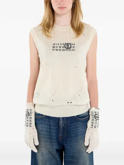Mm6 Maison Margiela Numeric-logo Distressed Knitted Vest In White