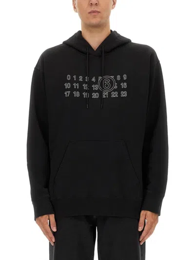 MM6 MAISON MARGIELA NUMERIC PRINT BLACK HOODIE WITH FRONT KANGAROO POCKET