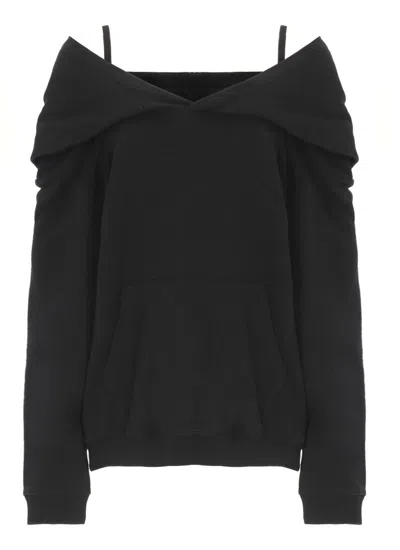MM6 MAISON MARGIELA OFF-SHOULDER BLACK COTTON HOODIE WITH FRONT KANGAROO POCKET