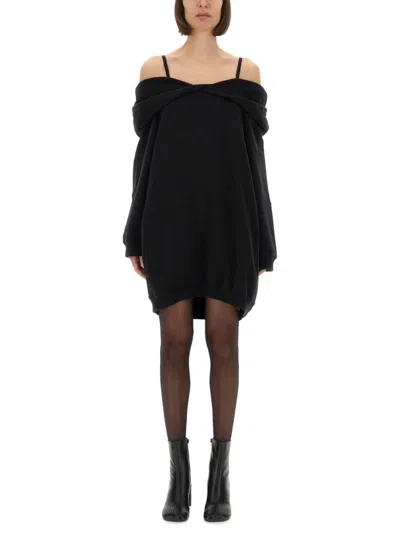 MM6 MAISON MARGIELA OFF-SHOULDER BLACK SWEATSHIRT DRESS WITH COZY HOOD
