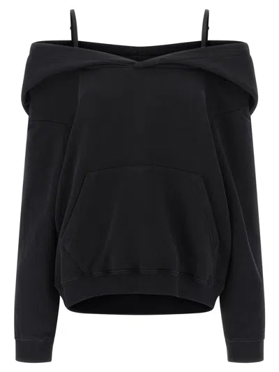 Mm6 Maison Margiela Hooded Off-shoulder Kangaroo Pocket Top In Black