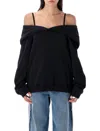 Mm6 Maison Margiela Off-shoulder Black Cotton Hoodie With Front Kangaroo Pocket In Black