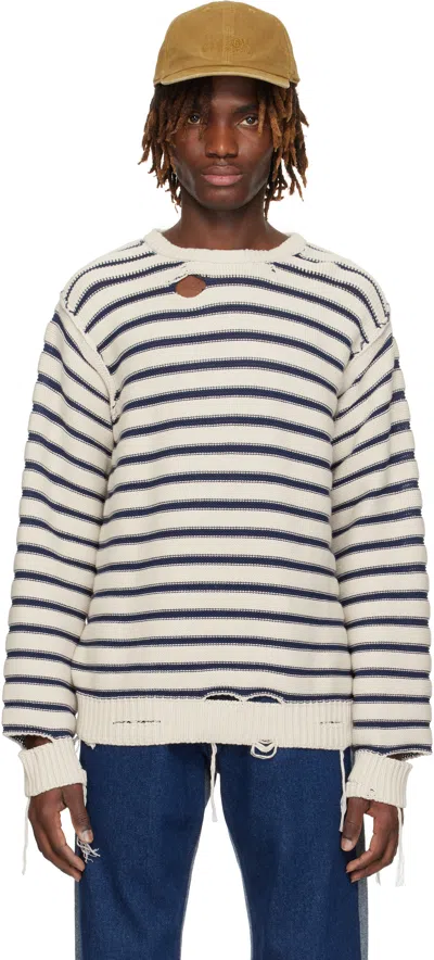 Mm6 Maison Margiela Off-white & Navy Cotton Knit Sweater In 962 Chalk/navy