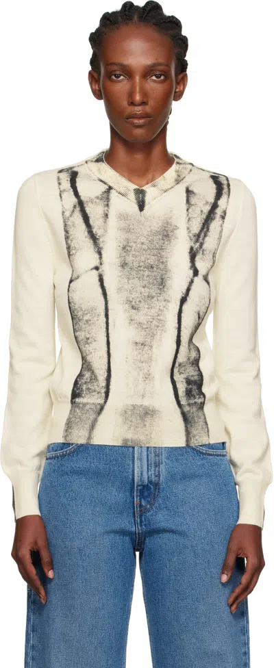 Mm6 Maison Margiela Off-white Folded Printed Gauge 14 V-neck Sweater In Neutral