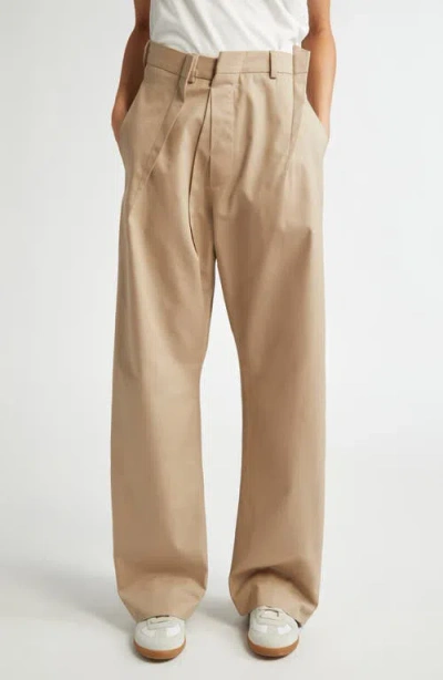 Mm6 Maison Margiela Pleated Cotton Gabardine Straight Leg Pants In Sand