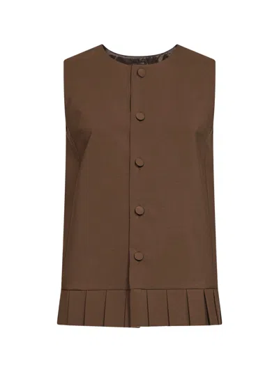 Mm6 Maison Margiela Pleated Ruffle Virgin Wool Blend Tank Top In Brown