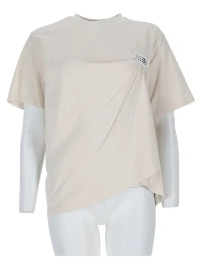 Mm6 Maison Margiela Powder Asymmetrical Draped Short-sleeved Cotton Top In Neutral