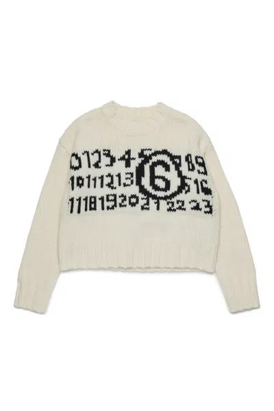 Mm6 Maison Margiela Pullover Cropped In Misto Lana Con Maxi Logo In White