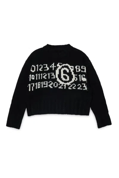 Mm6 Maison Margiela Pullover Cropped In Misto Lana Con Maxi Logo In Black