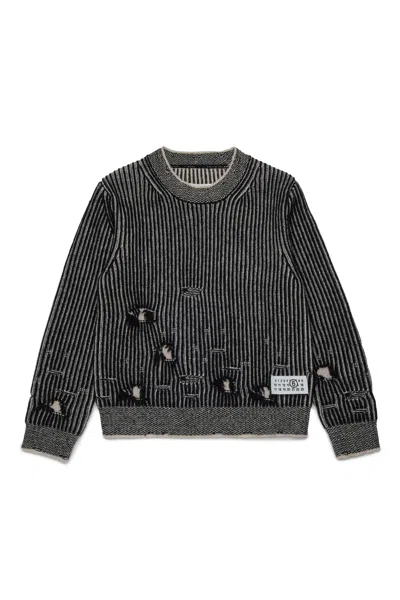 Mm6 Maison Margiela Pullover In Lana A Coste Con Rotture In Black
