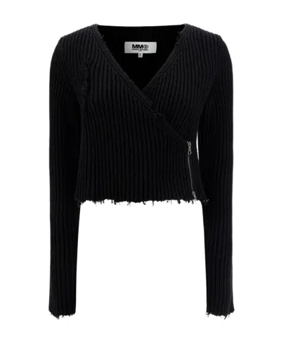 Mm6 Maison Margiela Raw-edge V-neck Sweater In Black