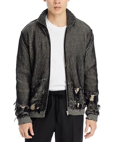 Mm6 Maison Margiela Regular Fit Distressed Zip Up Wool Sweater In Black