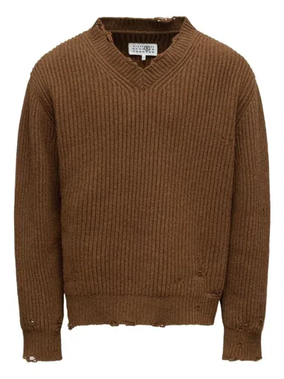 Mm6 Maison Margiela Mm6 V-neck Sweater Brown Melange