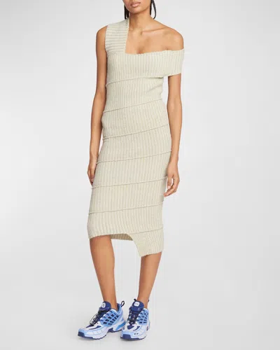 Mm6 Maison Margiela Rib-knit Asymmetric Midi Dress In Grey