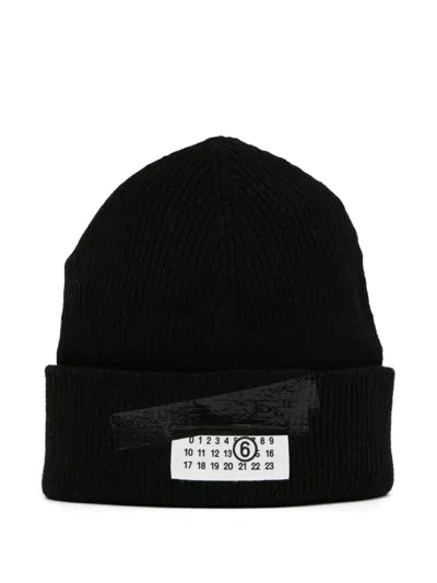 Mm6 Maison Margiela Mm6 By Maison Margiela Ribbed Black Knitted Beanie With Contrasting Logo Patch