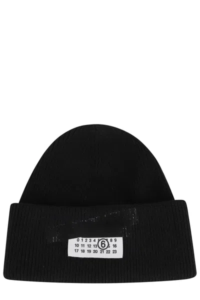 Mm6 Maison Margiela Mm6 By Maison Margiela Ribbed Knit Wool Beanie With Folded Cuff And Label In Black