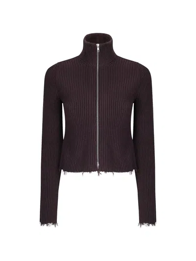 Mm6 Maison Margiela Ribbed Cotton Zip Cardigan In Burgundy