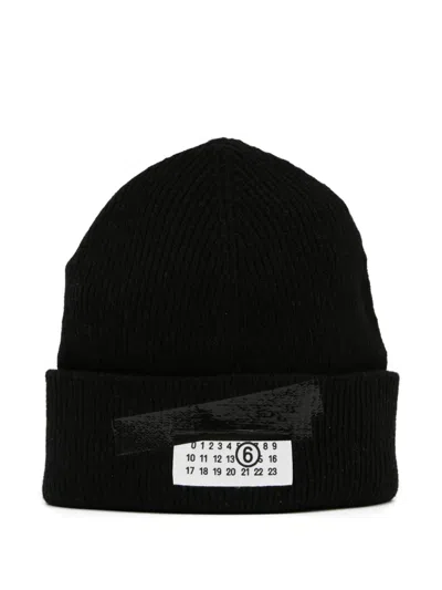 Mm6 Maison Margiela Mm6 By Maison Margiela Ribbed Knit Wool Beanie With Folded Cuff And Label In Black