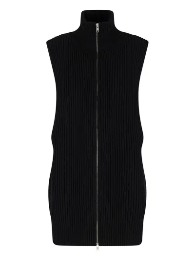 Mm6 Maison Margiela Ribbed Knit Black Vest With High Collar And Zipper Closure