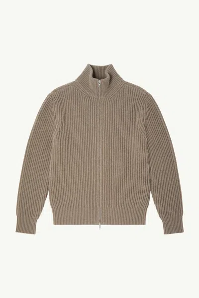 Mm6 Maison Margiela Ribbed Wool-blend High Neck Zip-up Cardigan In Brown