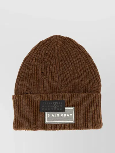 Mm6 Maison Margiela Ribbed Knit Turn-up Brim Hat In Brown